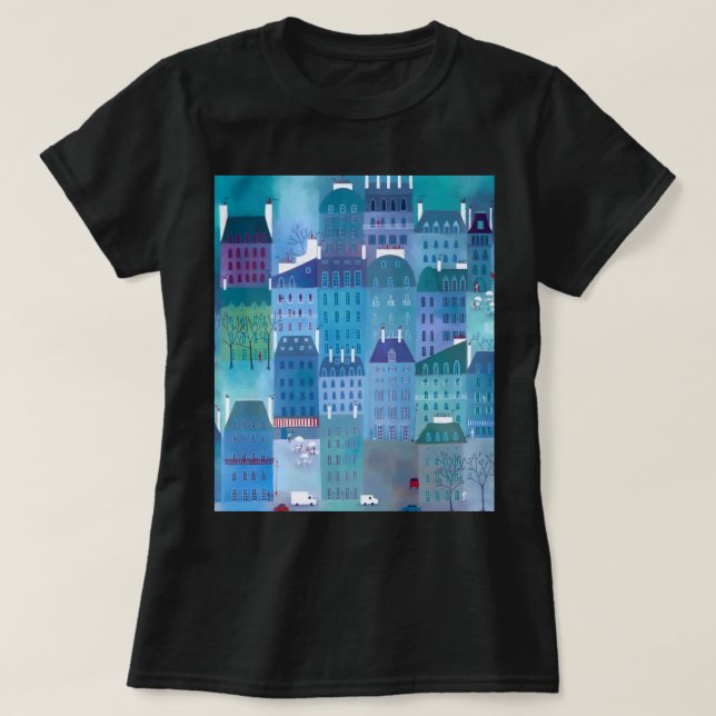 Paris Blues Modern Cityscape Painting T-Shirt (Design Front)