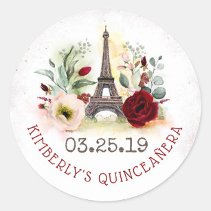 Paris Blush and Burgundy Floral Quinceanera Classic Round Sticker
