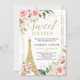Paris boho blush pink floral gold sweet sixteen invitation