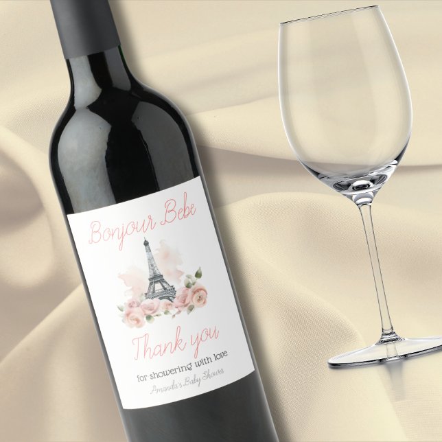 Paris Bonjour Bebe Parisian Floral Baby Shower Wine Label (Creator Uploaded)