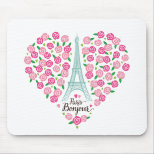 Paris Bonjour Floral Heart Mouse Mat
