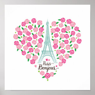 Paris Bonjour   Floral Heart Poster