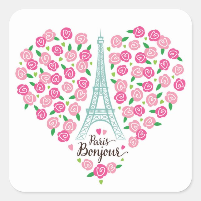 Paris Bonjour | Floral Heart Square Sticker (Front)