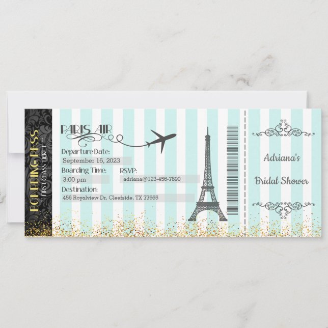 Paris Borading Pass Invitation, Birthday, Bridal Invitation (Front)