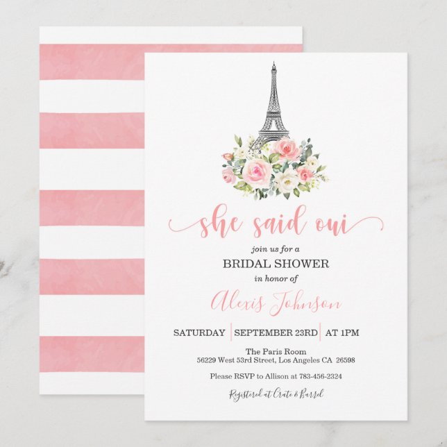 Paris Bridal Shower Invitation - She Said Oui (Front/Back)