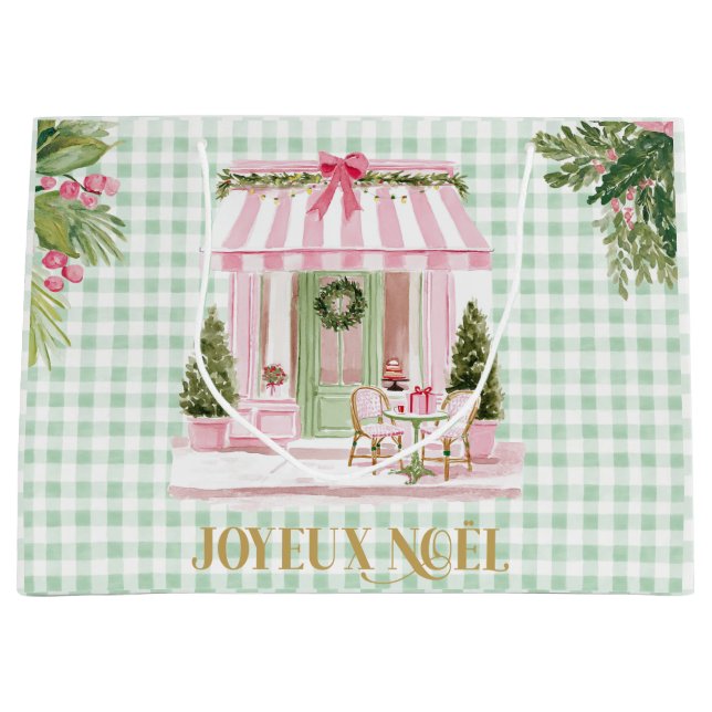Paris Café & Green Gingham Joyeux Noël Large Gift Bag (Front)