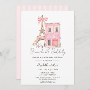 Paris Cafe  Pink Striped Brunch and Bubbly Invitation