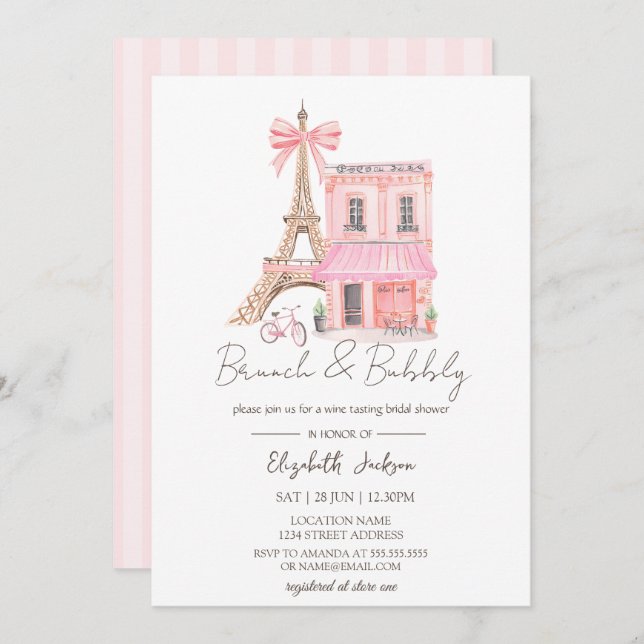 Paris Cafe  Pink Striped Brunch and Bubbly Invitation (Front/Back)