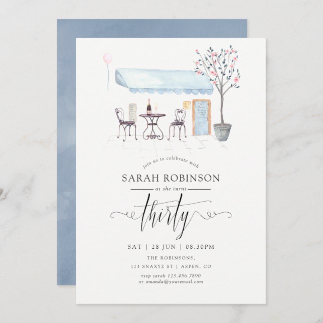 Paris Cafe Watercolor 30th Birthday Party Invitation (Front/Back)