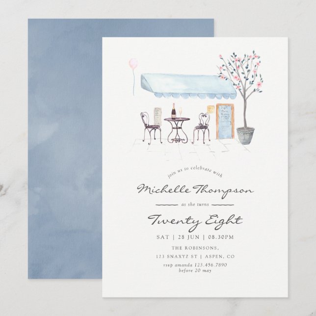 Paris Cafe Watercolor Any Age Birthday Party Invitation (Front/Back)