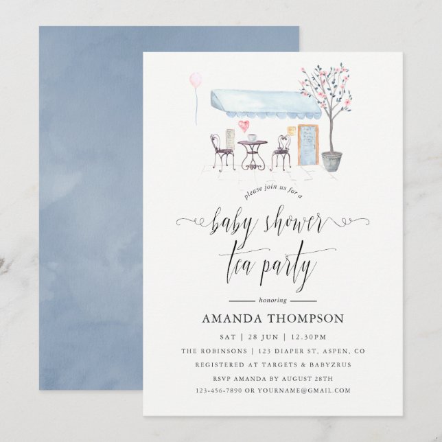 Paris Cafe Watercolor Baby Shower Tea Party Invitation (Front/Back)