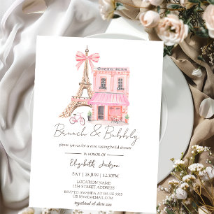 Paris Cafe Watercolor Pink Brunch and Bubbly Invitation