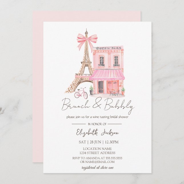 Paris Cafe Watercolor Pink  Brunch and Bubbly Invitation (Front/Back)