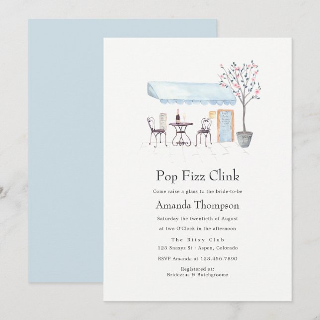Paris Cafe Watercolor Pop Fizz Clink Bridal Shower Invitation (Front/Back)