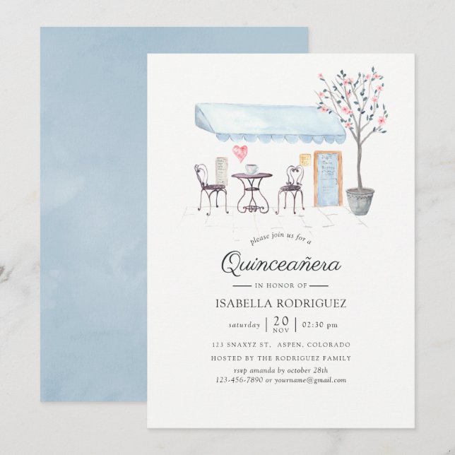 Paris Cafe Watercolor Quinceañera Invitation (Front/Back)