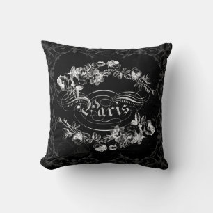 Paris Calligraphy Vintage Flowers Black and White Cushion