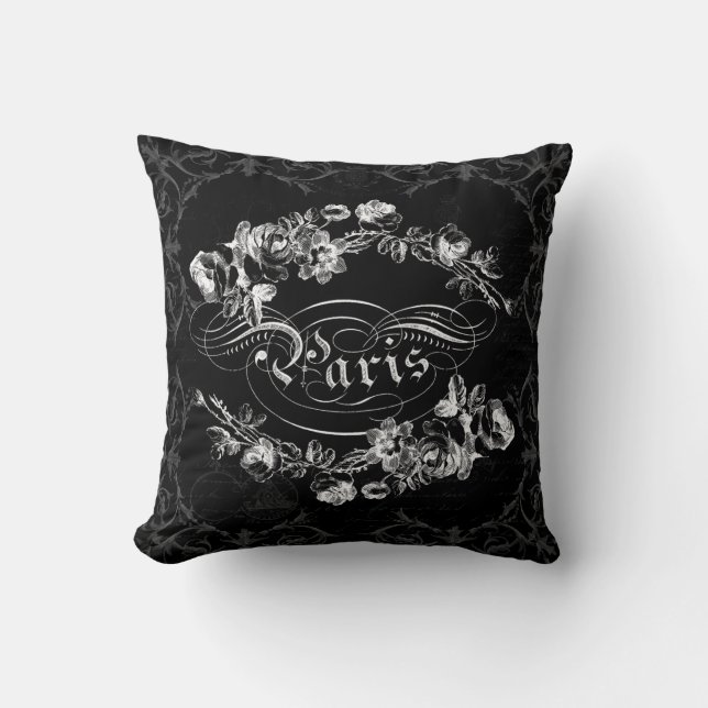 Paris Calligraphy Vintage Flowers Black and White Cushion (Front)