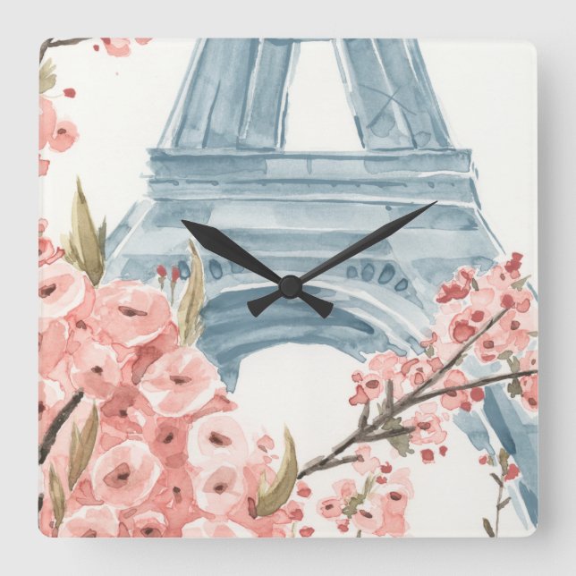 Paris Cherry Blossoms Square Wall Clock (Front)
