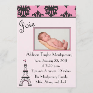 Paris Chic Black and Pink Birth Announcement
