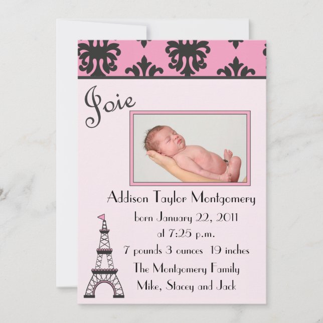 Paris Chic Black and Pink Birth Announcement (Front)