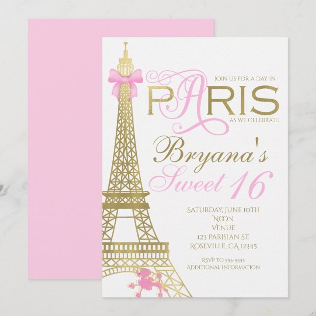 Paris Chic Elegant Pink & Gold Party Invitations (Front/Back)