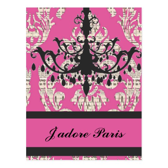 Paris chic hot pink damask vintage chandelier postcard