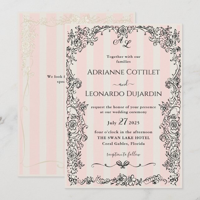 Paris Chic Ornate Pink Stripes Wedding Invitation (Front/Back)