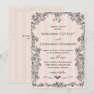 Paris Chic Ornate Pink Stripes Wedding Invitation