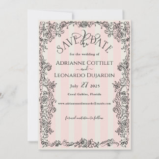 Paris Chic Ornate Pink Stripes Wedding  Save The Date