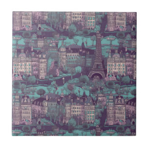 Paris Cityscape in aqua vintage design Tile