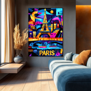 Paris Colourful Nights – Geometric Eiffel Tower Ar Poster
