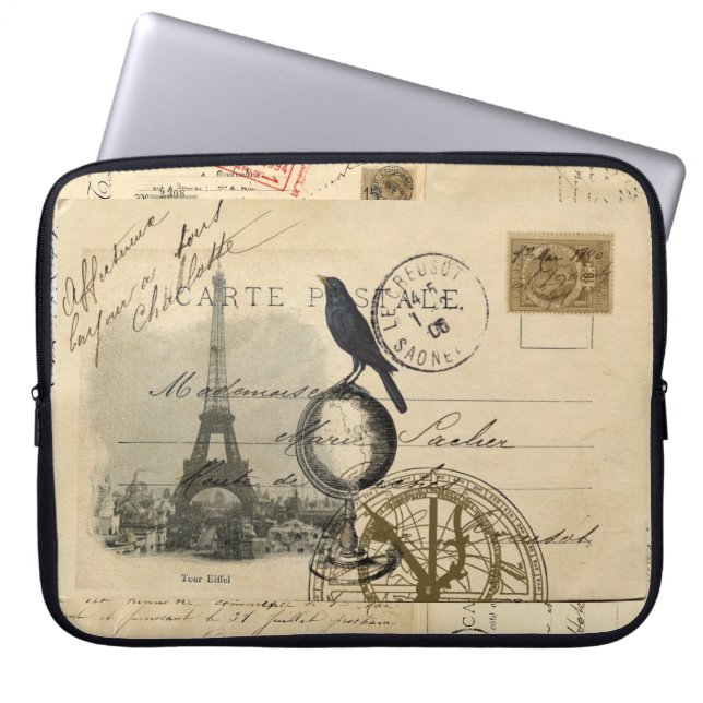 Paris Crow Globe French Postcard Laptop Sleeve (Front)