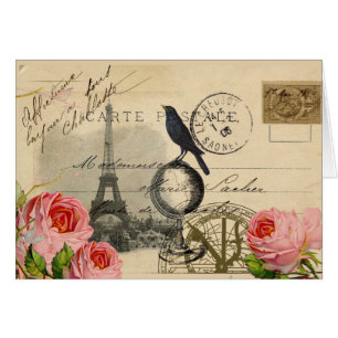 Paris Crow Globe French Postcard Rose Card