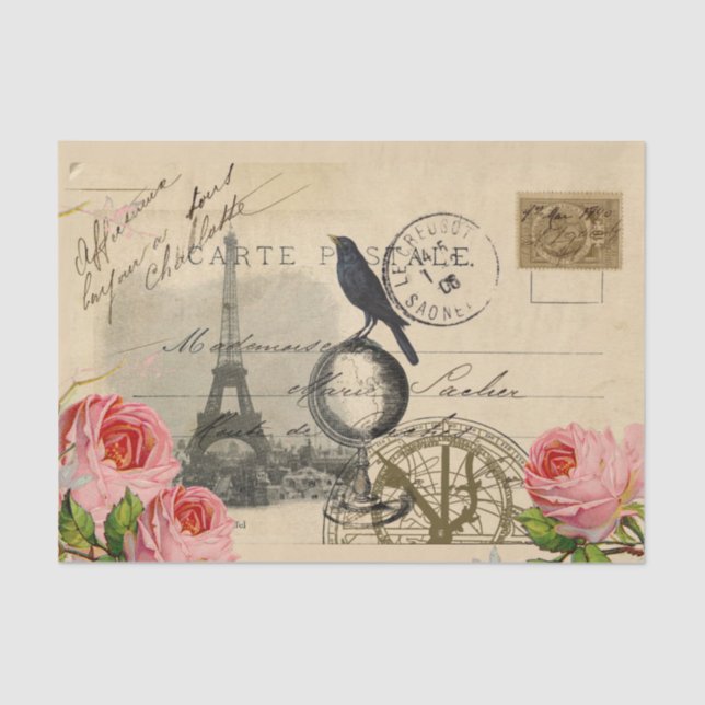 Paris Crow Globe French Postcard Rose Tissue Paper (Front)