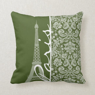 Paris; Dark Moss Green Damask Cushion