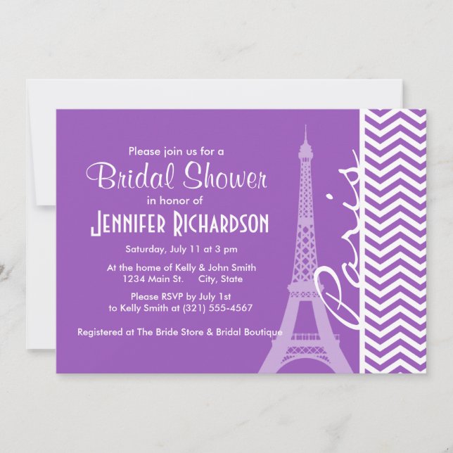 Paris; Deep Lilac Chevron Stripes Invitation (Front)