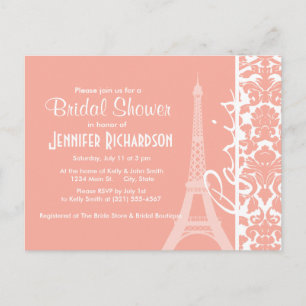 Paris; Deep Peach Damask Invitation Postcard