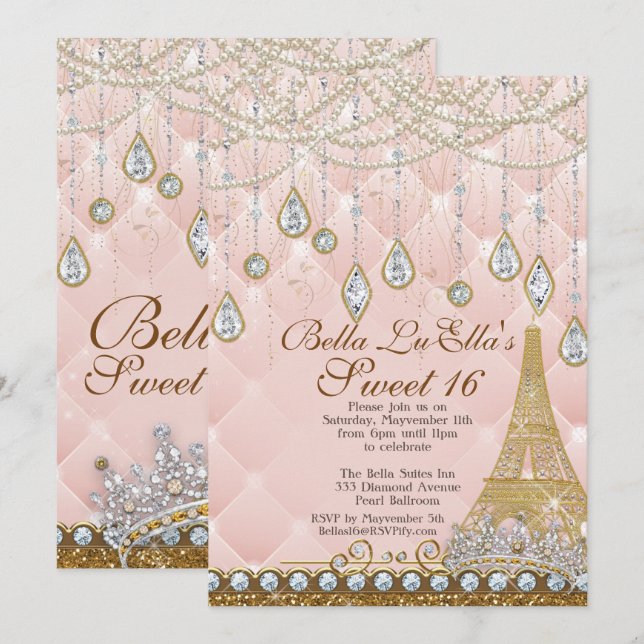 Paris Diamond and Pearls Birthday Party Invitation (Front/Back)