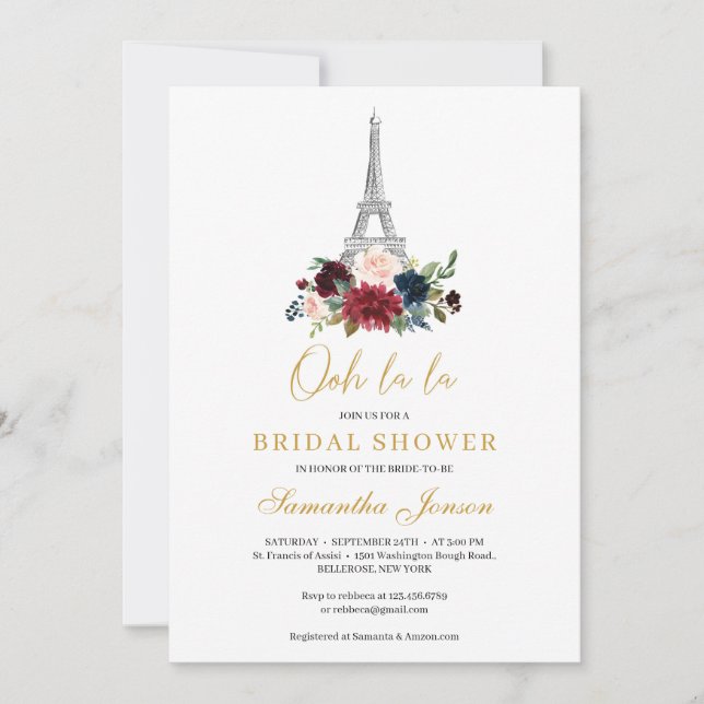 Paris eifel burgundy floral bouquet winter bridal invitation (Front)