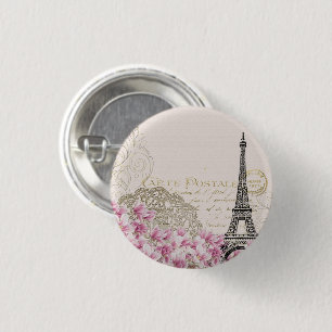 Paris Eifel Tower Square Vintage Pink Roses Art 3 Cm Round Badge