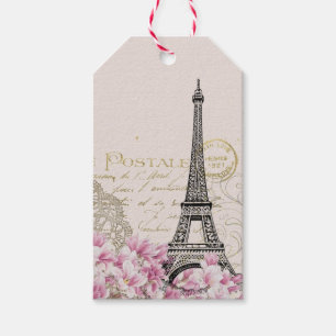 Paris Eifel Tower Square Vintage Pink Roses Art Gift Tags