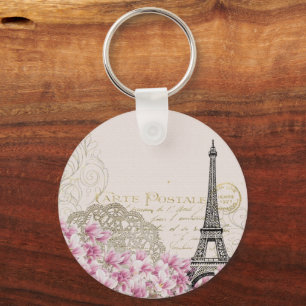 Paris Eifel Tower Square Vintage Pink Roses Art Key Ring