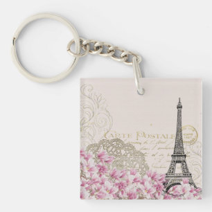 Paris Eifel Tower Square Vintage Pink Roses Art Key Ring