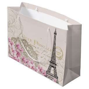 Paris Eifel Tower Square Vintage Pink Roses Art Large Gift Bag