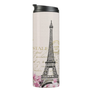 Paris Eifel Tower Square Vintage Pink Roses Art Thermal Tumbler
