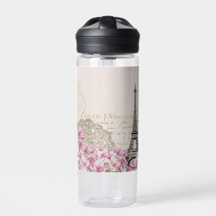 Paris Eifel Tower Square Vintage Pink Roses Art Water Bottle