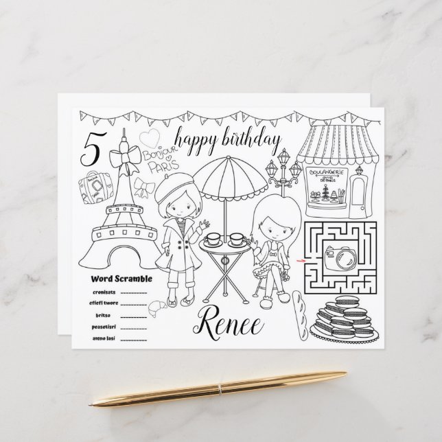 Paris Eiffel activity colour sheet placemats (Front/Back In Situ)