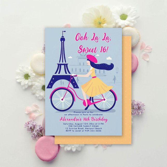 Paris Eiffel Bicycle Ooh La Blue Yellow Sweet 16 Invitation (paris sweet 16 sixteen invitation bike bicycle fashion dress eiffel calligraphy blue yellow hot pink)