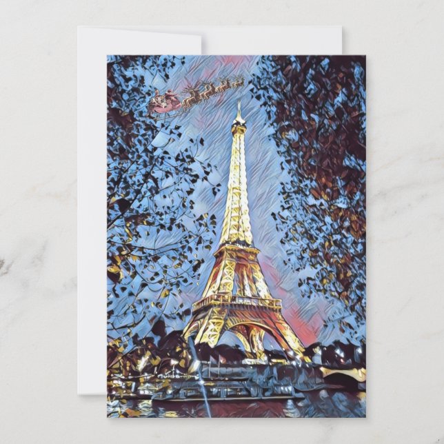 Paris Eiffel Impressionist Blue Santa Christmas  Holiday Card (Front)