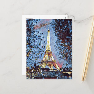 Paris Eiffel Impressionist Blue Santa Christmas  Holiday Postcard